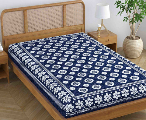 SheetKart Blossoms 100% Pure Cotton Jaipuri Printed Bedsheet for Single Bed, Traditional Ethnic Bed Cover - Navy Blue