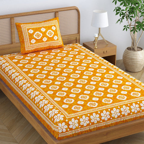 SheetKart Blossoms 100% Pure Cotton Jaipuri Printed Bedsheet for Single Bed, Traditional Ethnic Bed Cover (Single with Pillow Cover, Yellow)