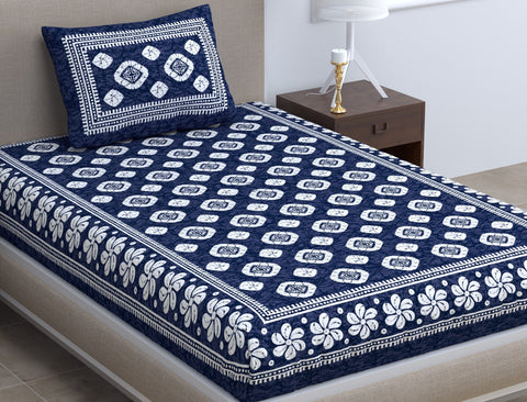 SheetKart 144 TC Cotton Floral Jaipuri Printed Single Bedsheet with 1 Pillow Cover, Dark Blue