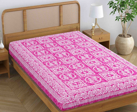 SheetKart Blossoms 100% Pure Cotton Jaipuri Printed Bedsheet for Single Bed, Traditional Ethnic Bed Cover - Light Pink