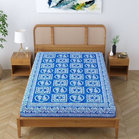 SheetKart Rustic 100% Pure Cotton Jaipuri Printed Bedsheet for Single Bed, Traditional Ethnic Bed Cover - Placid Blue