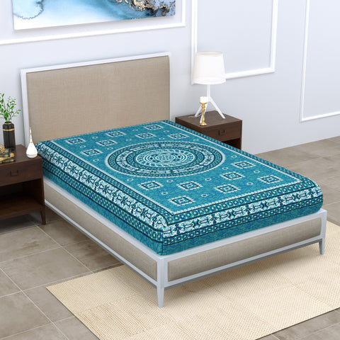 SheetKart Mandala Floral Print 144 TC 100% Cotton Single Bedsheet, Sea Green