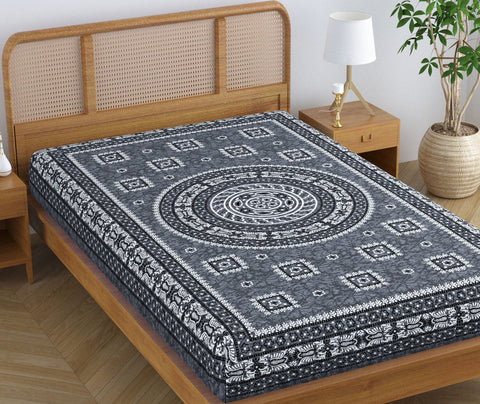 SheetKart Rustic 100% Pure Cotton Jaipuri Printed Bedsheet for Single Bed, Traditional Ethnic Bed Cover - Gypsy Grey