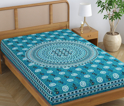 SheetKart Folk Floral 100% Pure Cotton Jaipuri Printed Bedsheet for Single Bed, Traditional Ethnic Bed Cover - Sea Green