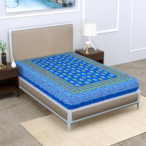 SheetKart 144 TC Motif Printed Jaipuri Cotton Single Bedsheet, Ultra Blue