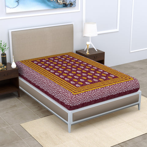 SheetKart 144 TC Motif Printed Jaipuri Cotton Single Bedsheet, Chocolava