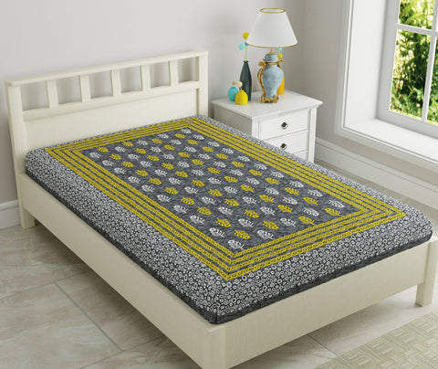 SheetKart 144 TC Motif Printed Jaipuri Cotton Single Bedsheet, Grey