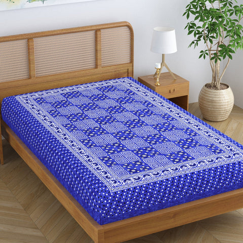 SheetKart Floral 100% Cotton Jaipuri Printed Bedsheet for Single Bed, Traditional Ethnic Bed Cover - Dark Blue