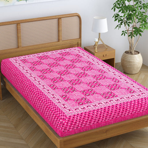 SheetKart Floral 100% Cotton Jaipuri Printed Bedsheet for Single Bed, Traditional Ethnic Bed Cover - Watermelon Pink