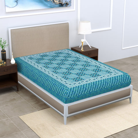 SheetKart Zen 144 TC 100% Cotton Single Bedsheet Jaipuri Printed, Sea Green