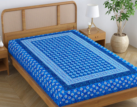 SheetKart Folk Floral 100% Pure Cotton Jaipuri Printed Bedsheet for Single Bed, Traditional Ethnic Bed Cover - Eastern Blue