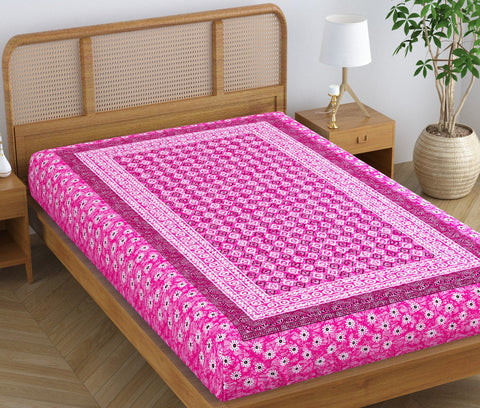 SheetKart Folk Floral 100% Pure Cotton Jaipuri Printed Bedsheet for Single Bed, Traditional Ethnic Bed Cover - Pink Spark