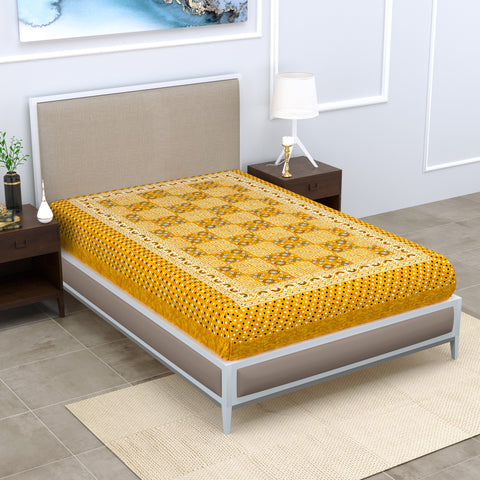 SheetKart Zen 144 TC 100% Cotton Single Bedsheet Jaipuri Printed, Yellow
