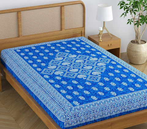 SheetKart Corrugate 144 TC 100% Cotton Single Bedsheet Jaipuri Printed Bed Cover - Placid Blue