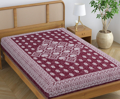 SheetKart Corrugate 144 TC 100% Cotton Single Bedsheet Jaipuri Printed Bed Cover - Dark Chocolate
