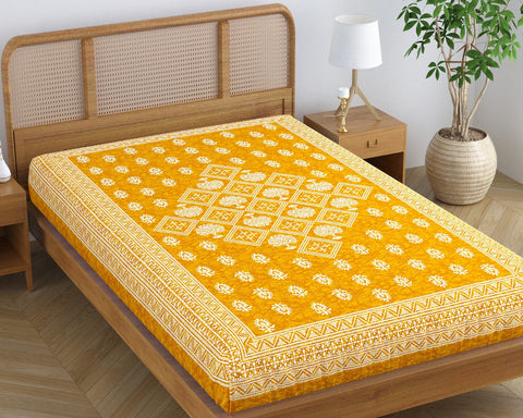 SheetKart Folk Floral 100% Pure Cotton Jaipuri Printed Bedsheet for Single Bed, Traditional Ethnic Bed Cover - Peaches Yellow
