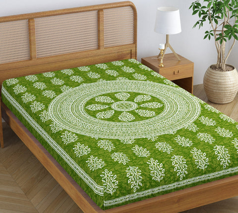 SheetKart Floral Motif 144 TC 100% Cotton Single Bedsheet Jaipuri Printed Bed Cover - Green Lantern