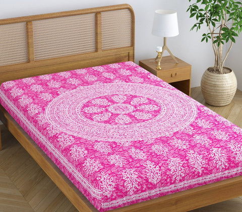 SheetKart Floral Motif 144 TC 100% Cotton Single Bedsheet Jaipuri Printed Bed Cover - Pink