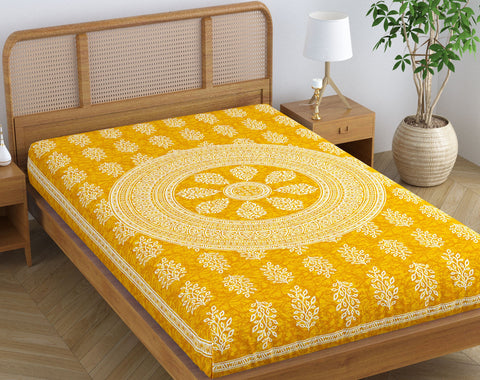 SheetKart Rustic 100% Pure Cotton Jaipuri Printed Bedsheet for Single Bed, Traditional Ethnic Bed Cover - Plam Yellow