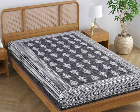 SheetKart Blossoms 100% Pure Cotton Jaipuri Printed Bedsheet for Single Bed, Traditional Ethnic Bed Cover - Smoky Grey