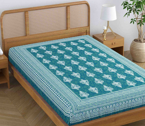 SheetKart Blossoms 100% Pure Cotton Jaipuri Printed Bedsheet for Single Bed, Traditional Ethnic Bed Cover - Greenish Blue