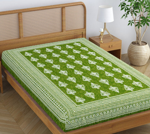 SheetKart Motif Floral 144 TC 100% Cotton Single Bedsheet Jaipuri Printed Bed Cover - Green Lantern