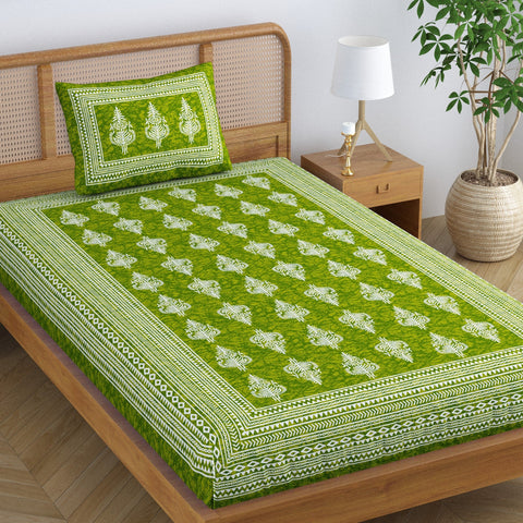 SheetKart Motif Floral 144 TC 100% Cotton Single Bedsheet Jaipuri Printed Bed Cover with 1 Pillow Cover - Varsity Green