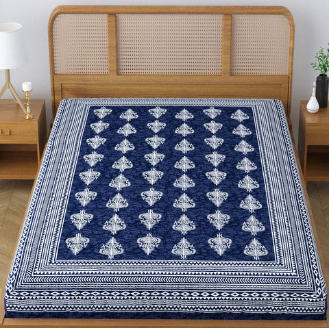 SheetKart Motif Floral 144 TC 100% Cotton Single Bedsheet Jaipuri Printed Bed Cover - Navy Blue