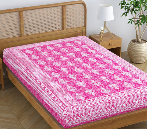 SheetKart Motif Floral 144 TC 100% Cotton Single Bedsheet Jaipuri Printed Bed Cover - Pink