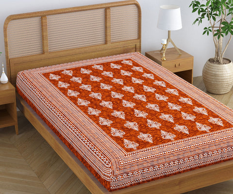 SheetKart Rustic 100% Pure Cotton Jaipuri Printed Bedsheet for Single Bed, Traditional Ethnic Bed Cover - Martian Red