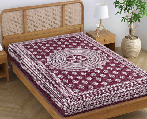 SheetKart Blossoms 100% Pure Cotton Jaipuri Printed Bedsheet for Single Bed, Traditional Ethnic Bed Cover - Dark Choco