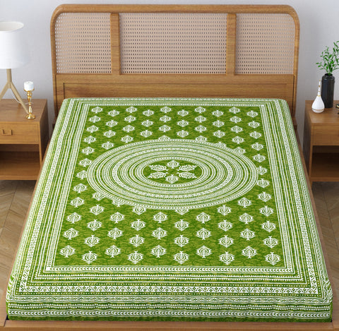 SheetKart Motif Mandala Floral 144 TC 100% Cotton Single Bedsheet Jaipuri Printed Bed Cover - Green Lantern