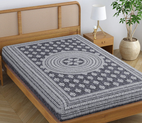 SheetKart Motif Mandala Floral 144 TC 100% Cotton Single Bedsheet Jaipuri Printed Bed Cover - Grey