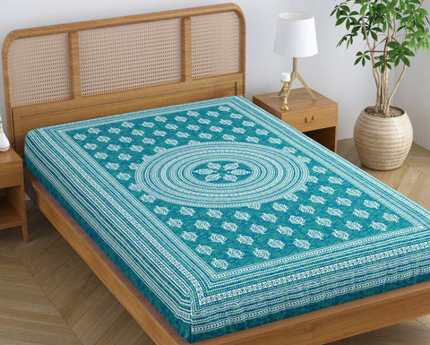 SheetKart Folk Floral 100% Pure Cotton Jaipuri Printed Bedsheet for Single Bed, Traditional Ethnic Bed Cover - Turquoise Green