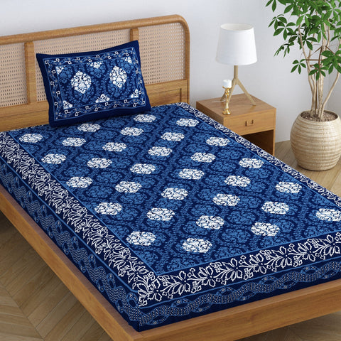 SheetKart Dabu Squares 100% Cotton Single Bedsheet Jaipuri Printed Bed Cover with 1 Pillow Cover, Midnight Blue