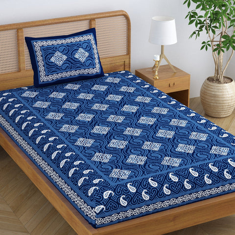 SheetKart Dabu Floral 100% Cotton Single Bedsheet Jaipuri Printed Bed Cover with 1 Pillow Cover, Midnight Blue