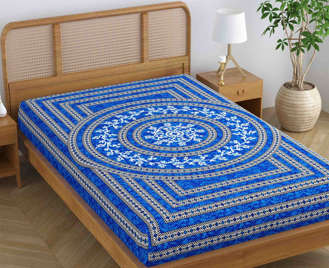 SheetKart Blossoms 100% Pure Cotton Jaipuri Printed Bedsheet for Single Bed, Traditional Ethnic Bed Cover - Indigo Blue