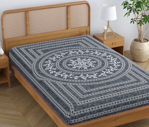 SheetKart Rustic 100% Pure Cotton Jaipuri Printed Bedsheet for Single Bed, Traditional Ethnic Bed Cover - Still Grey