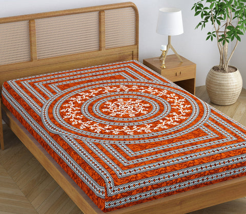 SheetKart Mandala Floral 144 TC 100% Cotton Single Bedsheet Jaipuri Printed Bed Cover - Red Spark