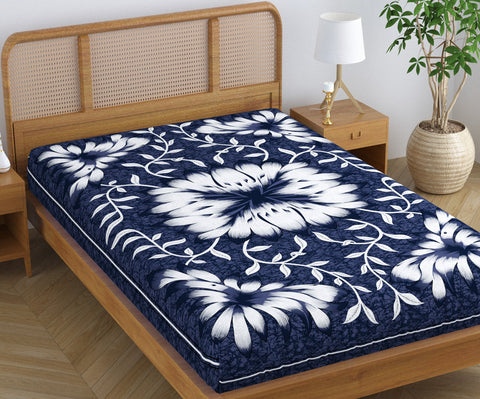 SheetKart Folk Floral 100% Pure Cotton Jaipuri Printed Bedsheet for Single Bed, Traditional Ethnic Bed Cover - Midnight Blue
