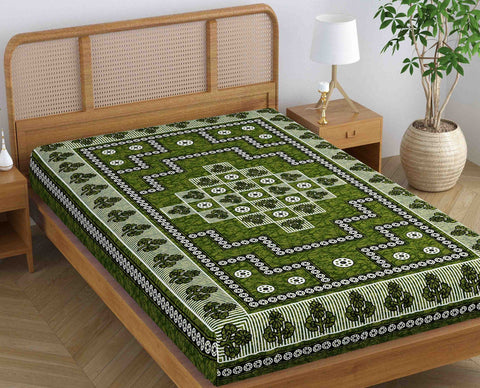 SheetKart Blossoms 100% Pure Cotton Jaipuri Printed Bedsheet for Single Bed, Traditional Ethnic Bed Cover - Pea Green