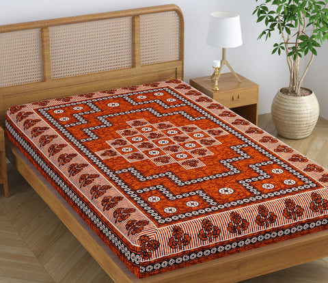 SheetKart Folk Floral 100% Pure Cotton Jaipuri Printed Bedsheet for Single Bed, Traditional Ethnic Bed Cover - Roasted Red