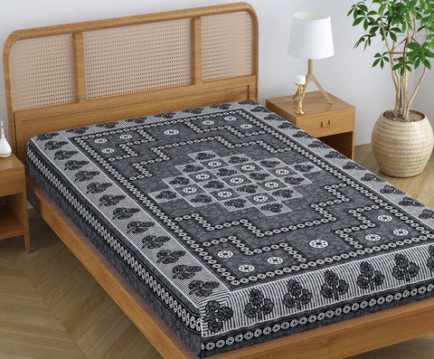 SheetKart Blossoms 100% Pure Cotton Jaipuri Printed Bedsheet for Single Bed, Traditional Ethnic Bed Cover - Light Grey