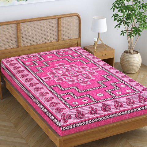 SheetKart Floral 100% Cotton Jaipuri Printed Bedsheet for Single Bed, Traditional Ethnic Bed Cover - Floral Pink