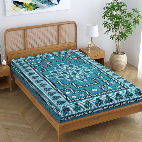 SheetKart Arcade 144 TC 100% Cotton Single Bedsheet Jaipuri Printed Bed Cover - Creek Turquoise