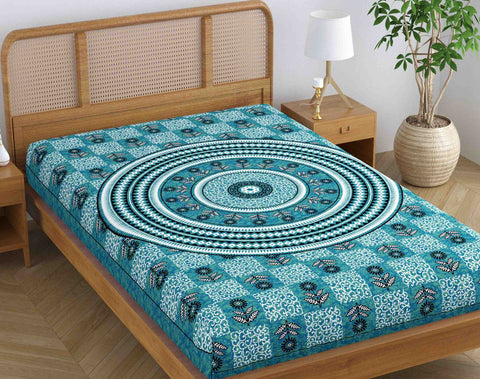 SheetKart Blossoms 100% Pure Cotton Jaipuri Printed Bedsheet for Single Bed, Traditional Ethnic Bed Cover - Sea Green