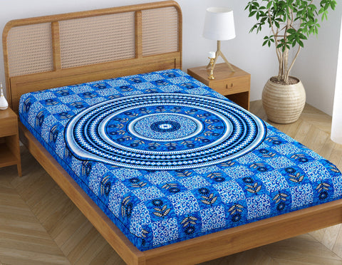 SheetKart Rustic 100% Pure Cotton Jaipuri Printed Bedsheet for Single Bed, Traditional Ethnic Bed Cover - Eastern Blue