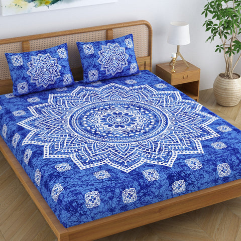 SheetKart Cotton Blend Traditional Mandala Jaipuri Printed Bedsheet for Double Bed King Size with 2 Pillow Covers - Azure Blue