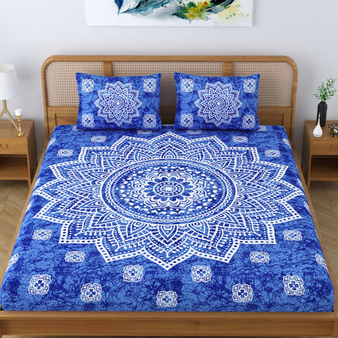 SheetKart Cotton Blend Traditional Mandala Jaipuri Printed Bedsheet for Double Bed King Size with 2 Pillow Covers - Azure Blue