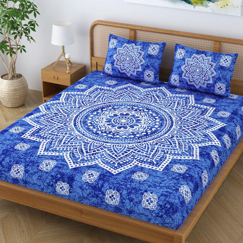 SheetKart Cotton Blend Traditional Mandala Jaipuri Printed Bedsheet for Double Bed King Size with 2 Pillow Covers - Azure Blue